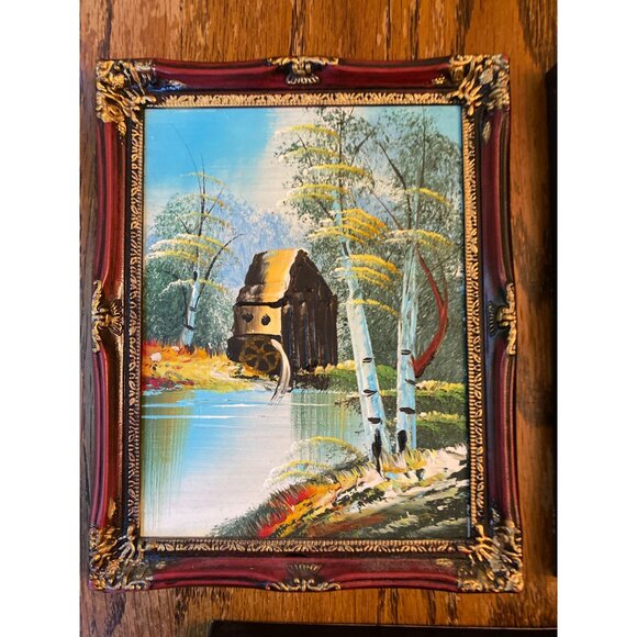 Set Of 3 Vintage Framed Oil Paintings With Rustic Landscape Themes In Ornate Red - Picture 2 of 7